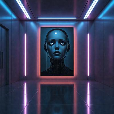 The primary subject of the image is a large, black and white painting of a woman's face. The setting is a room with a white wall, and the visual style appears to be a combination of digital art and illustration. The colors in the painting are predominantly black and white, creating a stark and dramatic atmosphere.